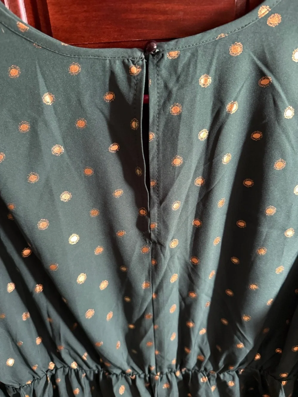 Forest Green Long Sleeve Polka Dot Dress with Gold Dots - Picture 2 of 3